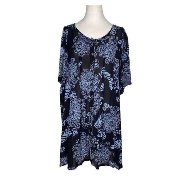 Roaman's Tops - Roaman's Blue Floral Short Sleeve Lightweight Button Down Rayon Top, 18W #291